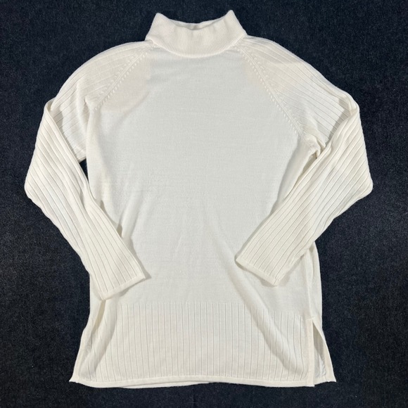 Bentley Sweaters - JR Bentley Turtleneck Sweater Womens Medium White Ribbed Knit Side Slit Pullover